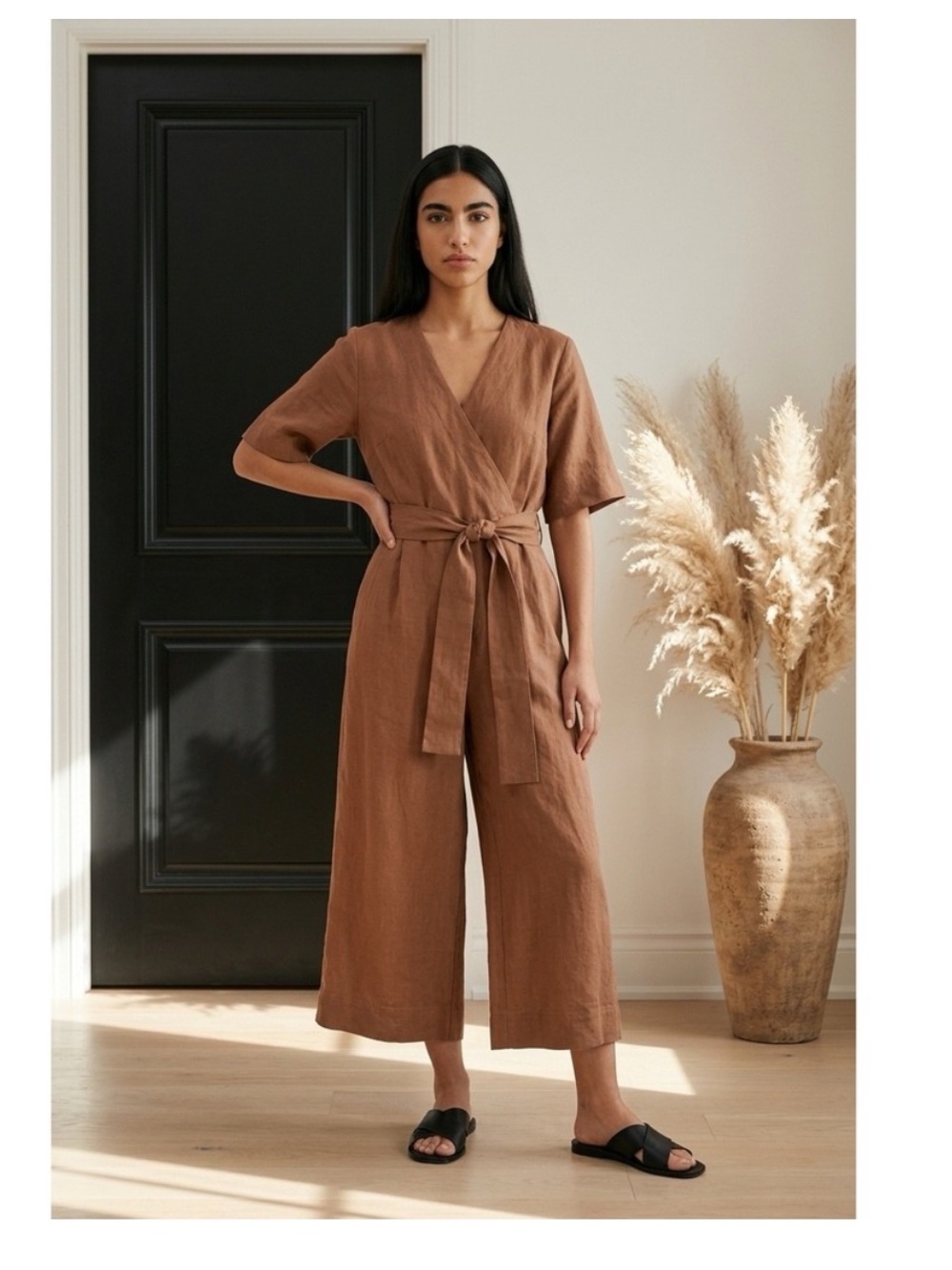 Everlane European Flax Linen Wide Leg Wrap Clay Brown Belted Jumpsuit 10 Summer